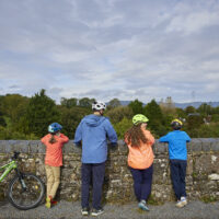 A scenic view of the Waterford Greenway, featuring a path alongside lush greenery and trees, under a clear blue sky with distant hills visible.